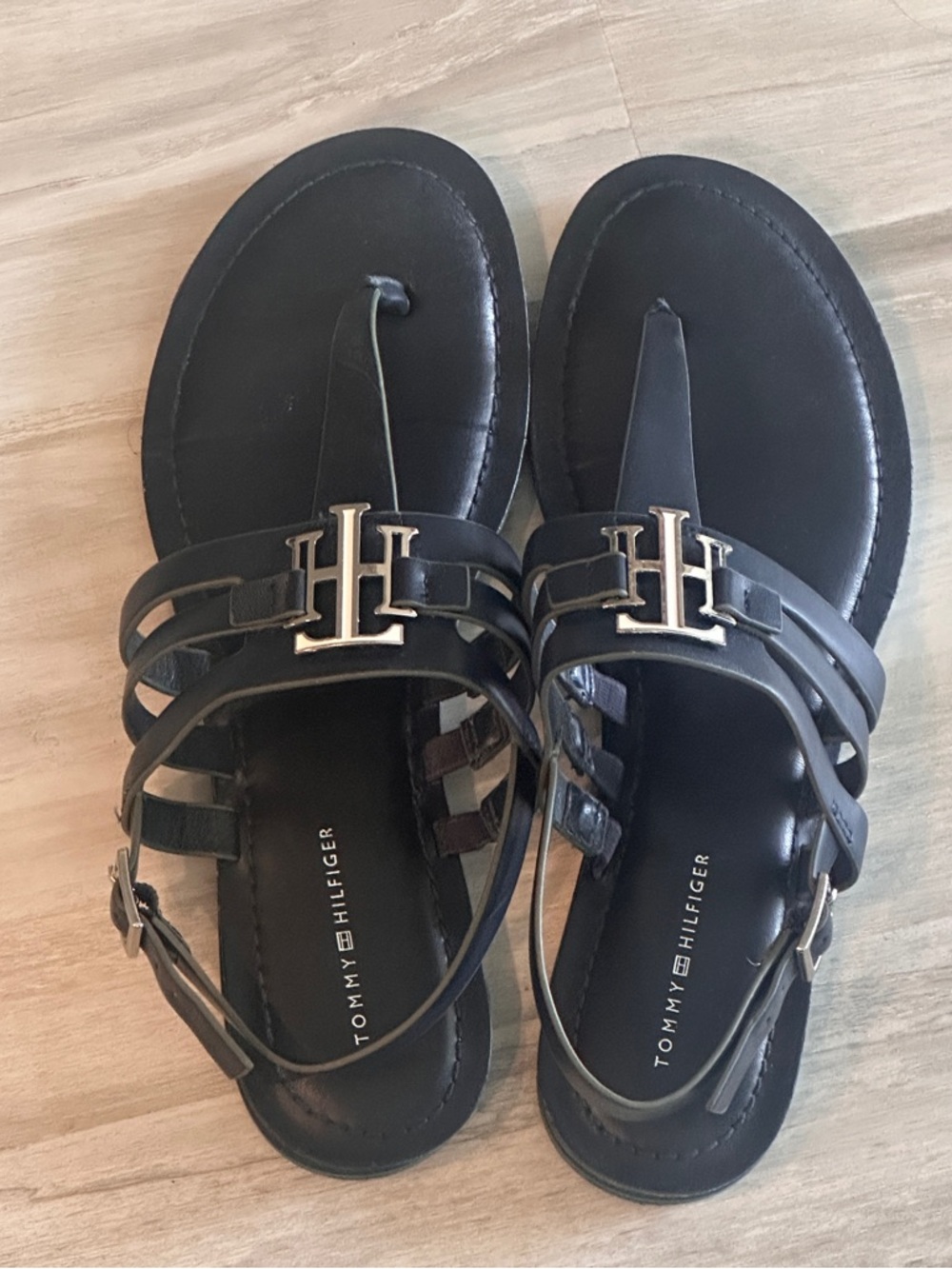 Tommy Hilfiger Black Logo Strappy Thong Sandals